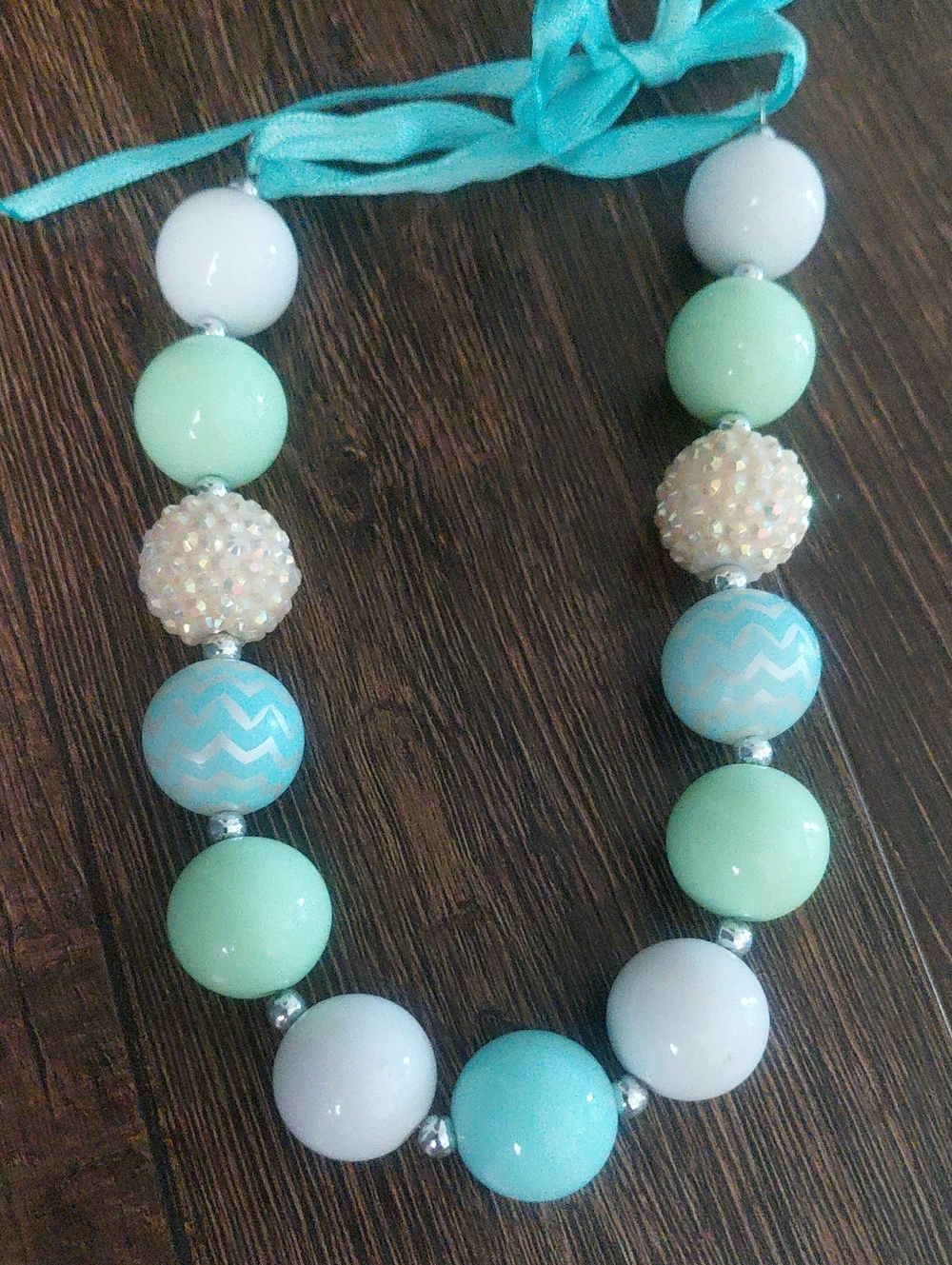 Beautiful Blue, Green and White Chunky Bead Necklace